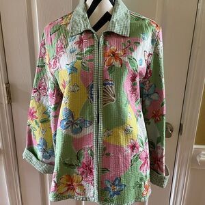 Alfred Dunner Floral  Quilted multi color Open Front green&white Reversible SZ18